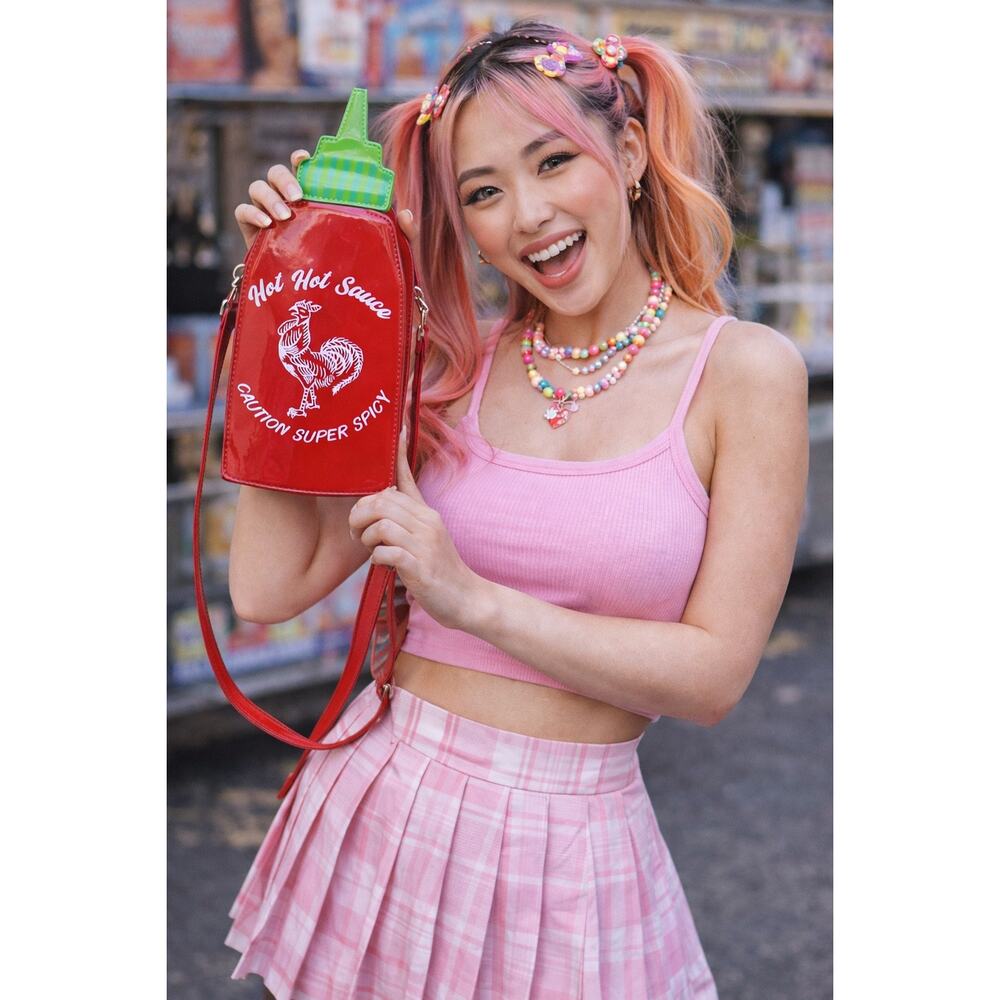 Novelty Hot Sauce Bottle Crossbody Bag Red Patent Faux Leather Mini Y2K Kitsch